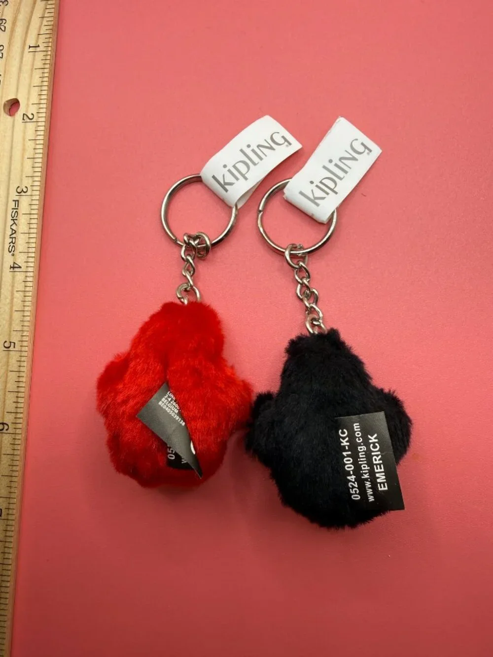 Lot 2 New Kipling Fuzzy Ape Monkey Keychains Key Rings Red Black